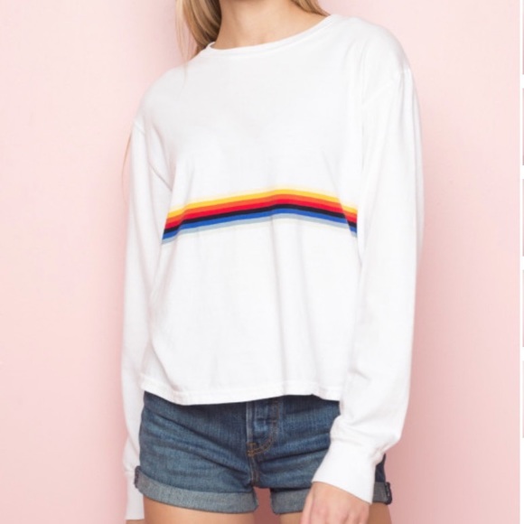 BrandyMelville WhiteRainbow Striped LongSleeve Tee - Picture 2 of 8